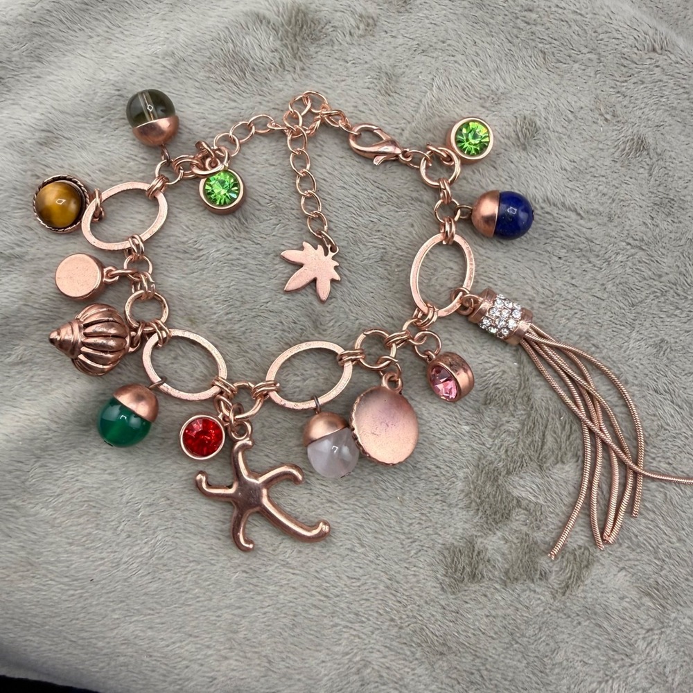 Charm Bracelet Rose Gold Tone Rhinestone Glass Starfish Tassel 7.5in